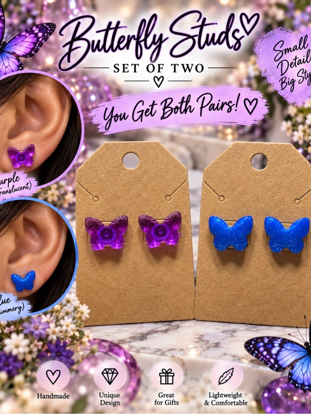 Butterfly Stud Earrings Set in Purple and Blue - Unbranded